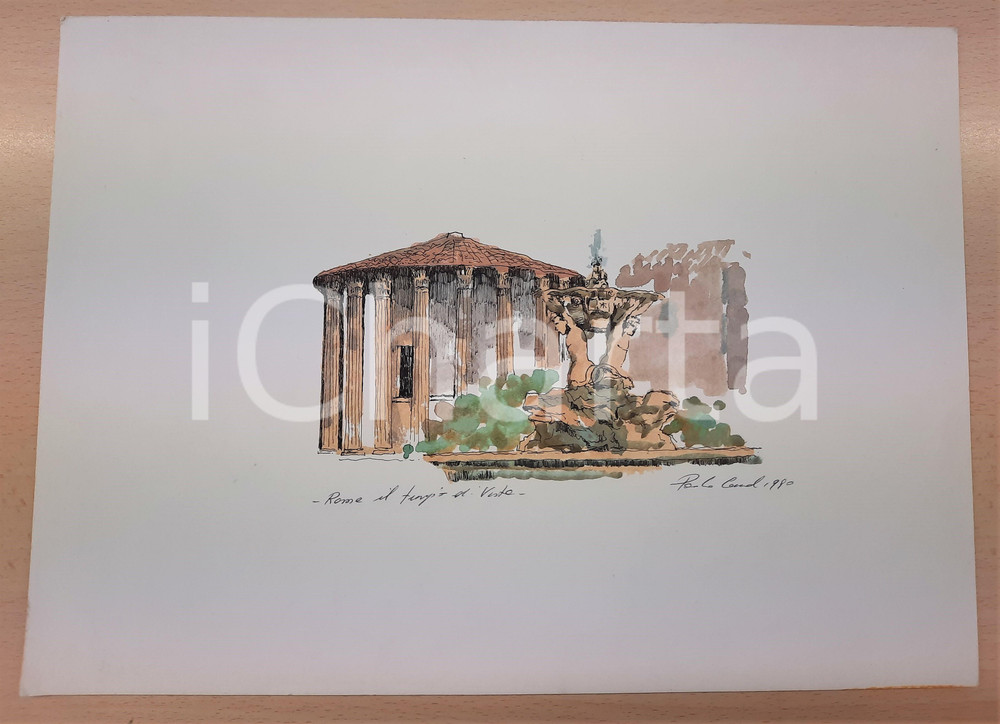 Opera d’arte autentica 1990 ARTE Paolo CANALI  Roma / Il tempio di Vesta Acquerello 35x25 cm 1