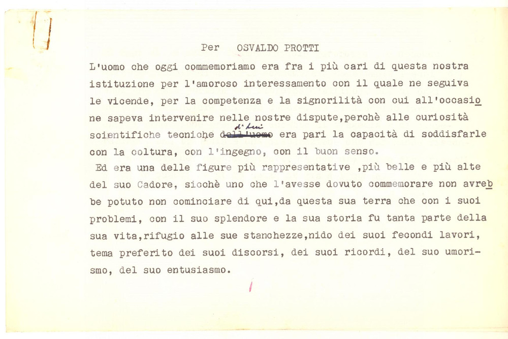 Documento originale, autentico 1963 DISASTRO DEL VAJONT Commemorazione funebre Osvaldo PROTTI Dattiloscritto 1