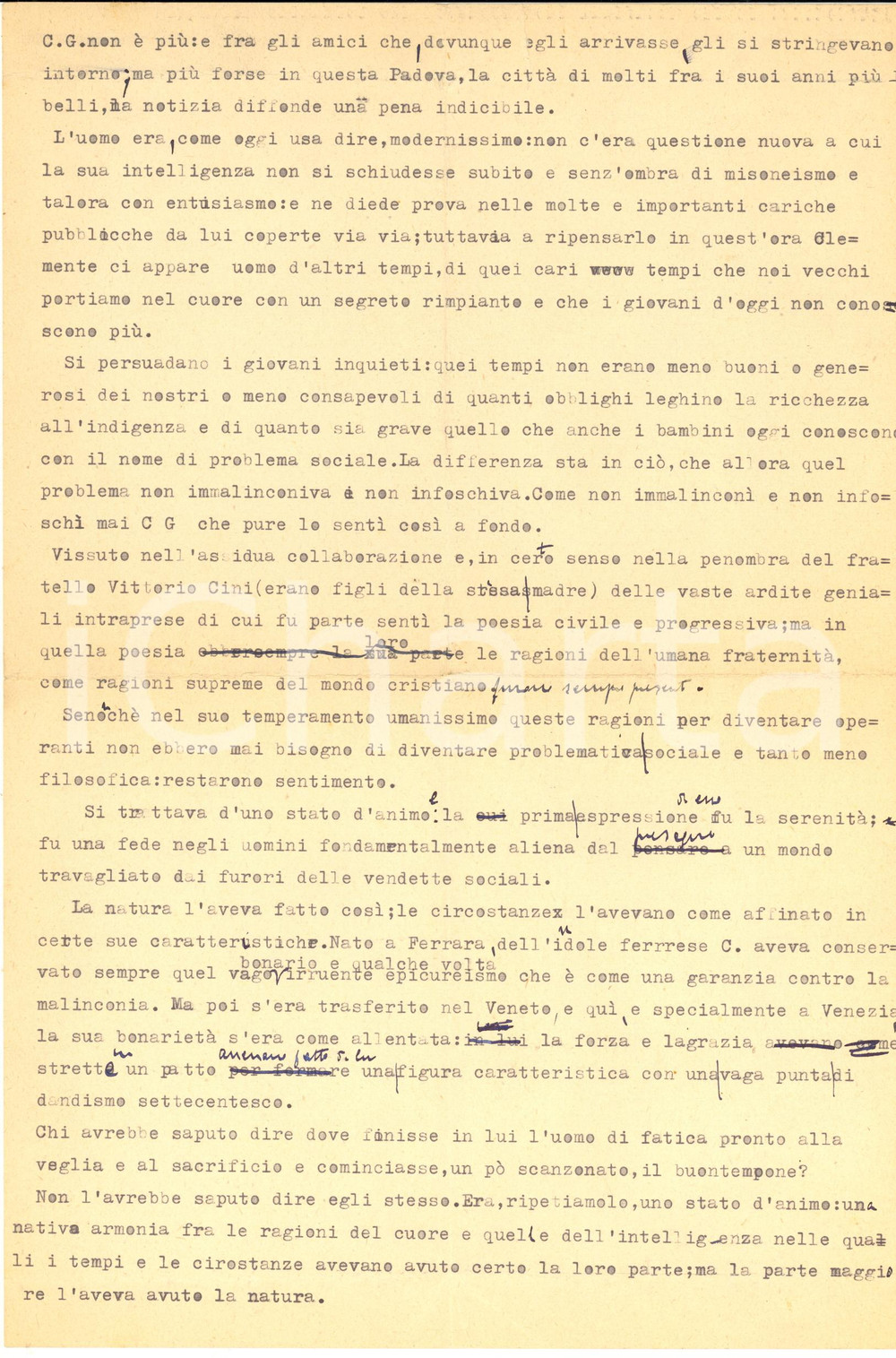 Documento originale, autentico 1961 VENEZIA Commemorazione funebre Clemente GANDINI Dattiloscritto 1