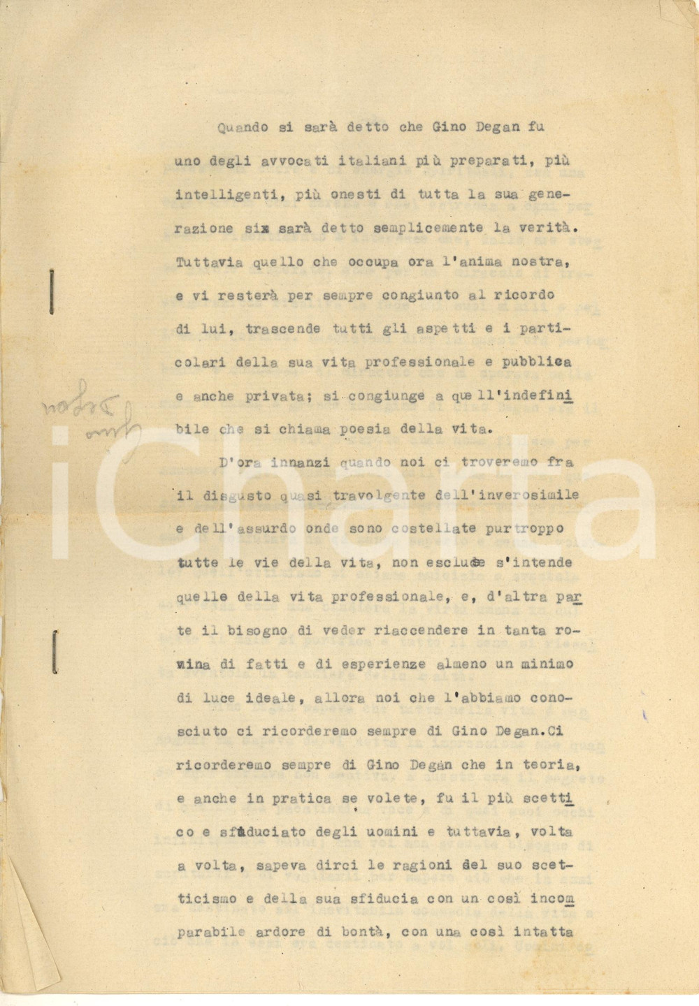Documento originale, autentico 1947 ROVIGO Commemorazione funebre Gino DEGAN avvocato  Dattiloscritto 1