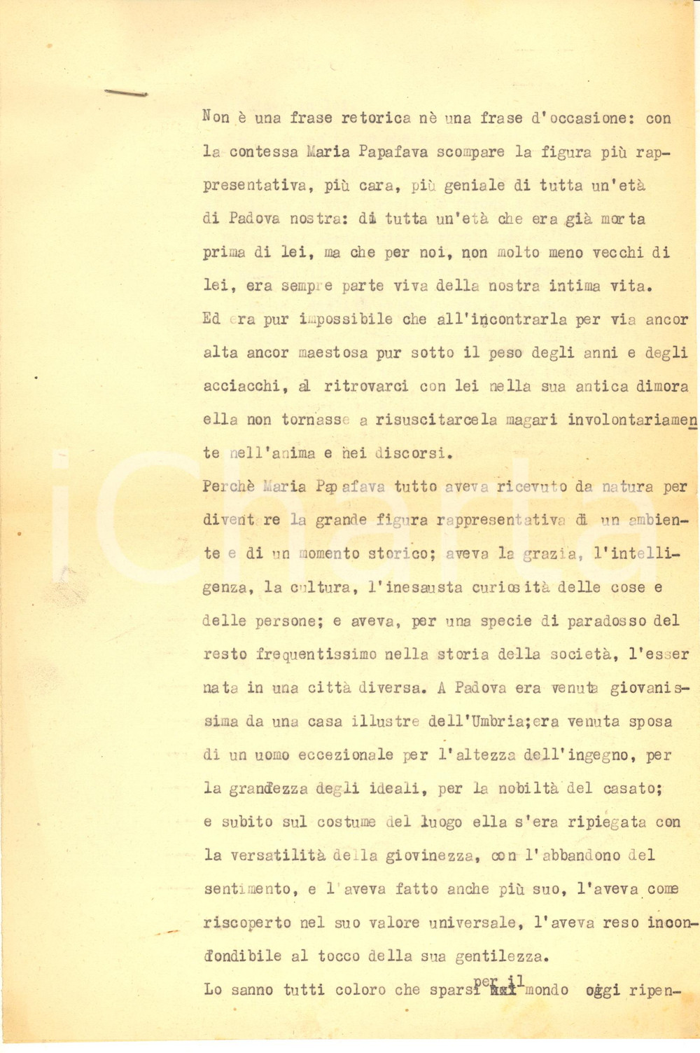 Documento originale, autentico 1952 PADOVA Commemorazione funebre contessa Maria PAPAFAVA  Dattiloscritto 1