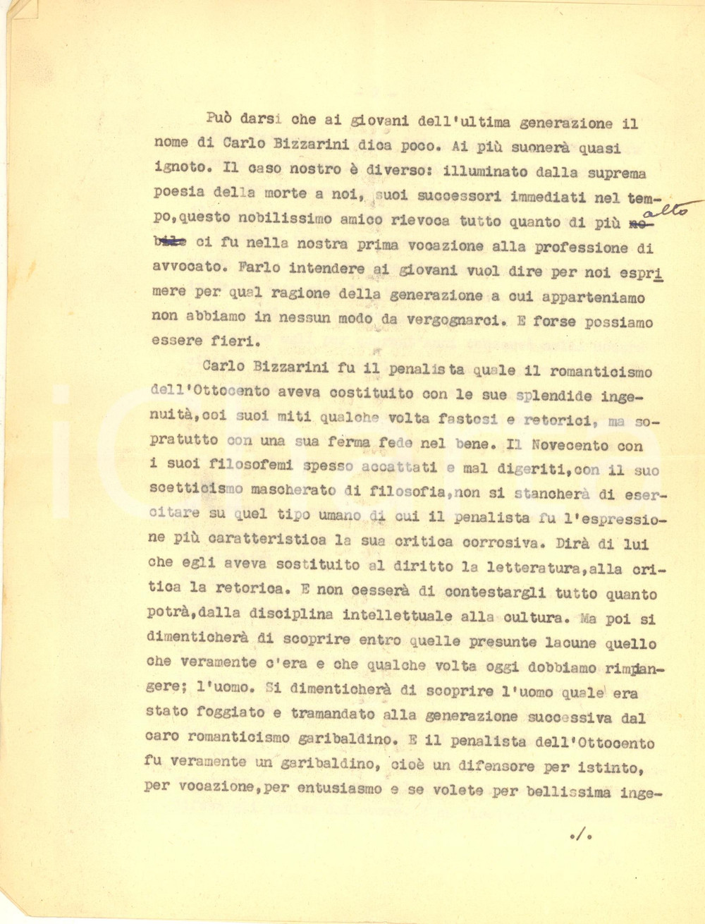 Documento originale, autentico 1965 ca PADOVA Commemorazione funebre avv. Carlo BIZZARINI  Dattiloscritto 1