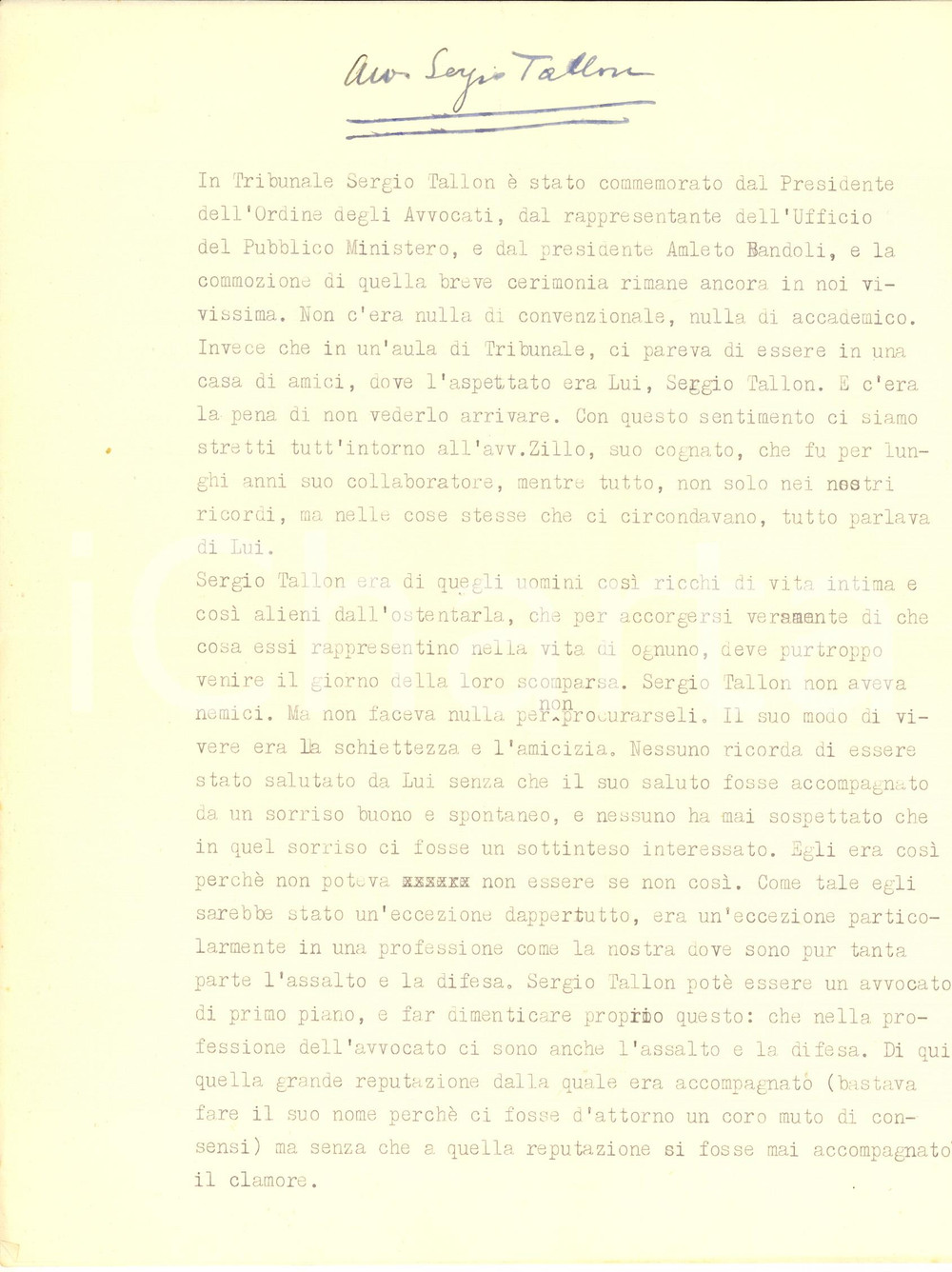 Documento originale, autentico 1962 PADOVA Commemorazione funebre avv. Sergio TALLON  Dattiloscritto inedito 1
