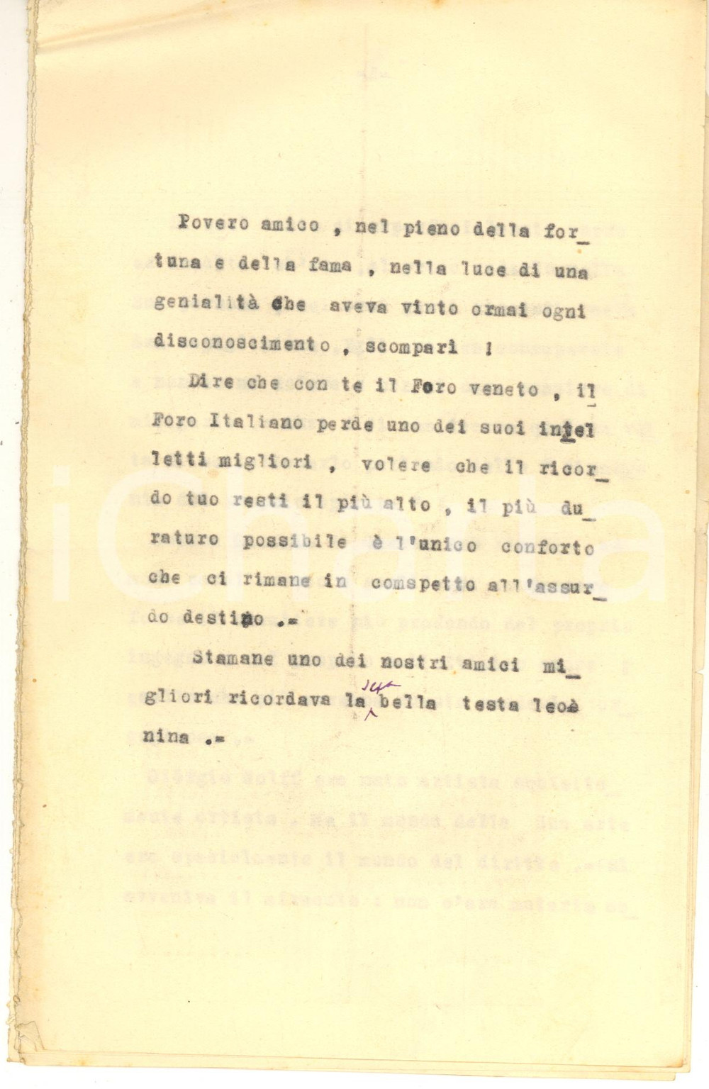 Documento originale, autentico 1960 ca PADOVA Commemorazione funebre per Giorgio WOLFF  Dattiloscritto inedito 1