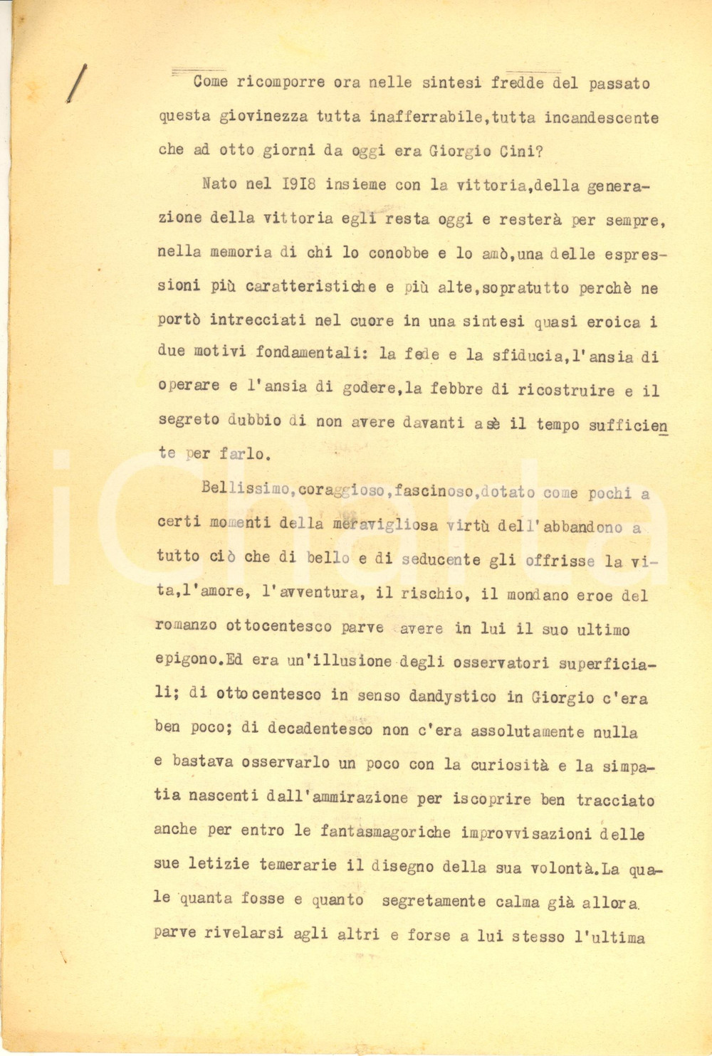 Documento originale, autentico 1949 ANONIMO Commemorazione funebre per Giorgio CINI  Dattiloscritto inedito 1