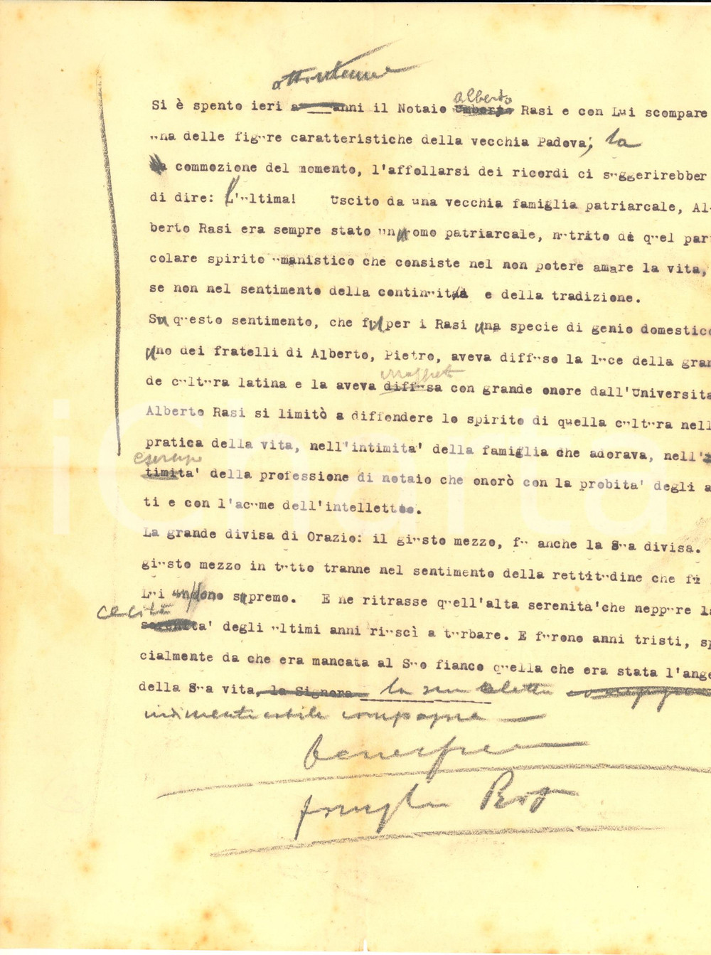 Documento originale, autentico 1965 ca PADOVA Commemorazione notaio Alberto RASI  Dattiloscritto inedito 1