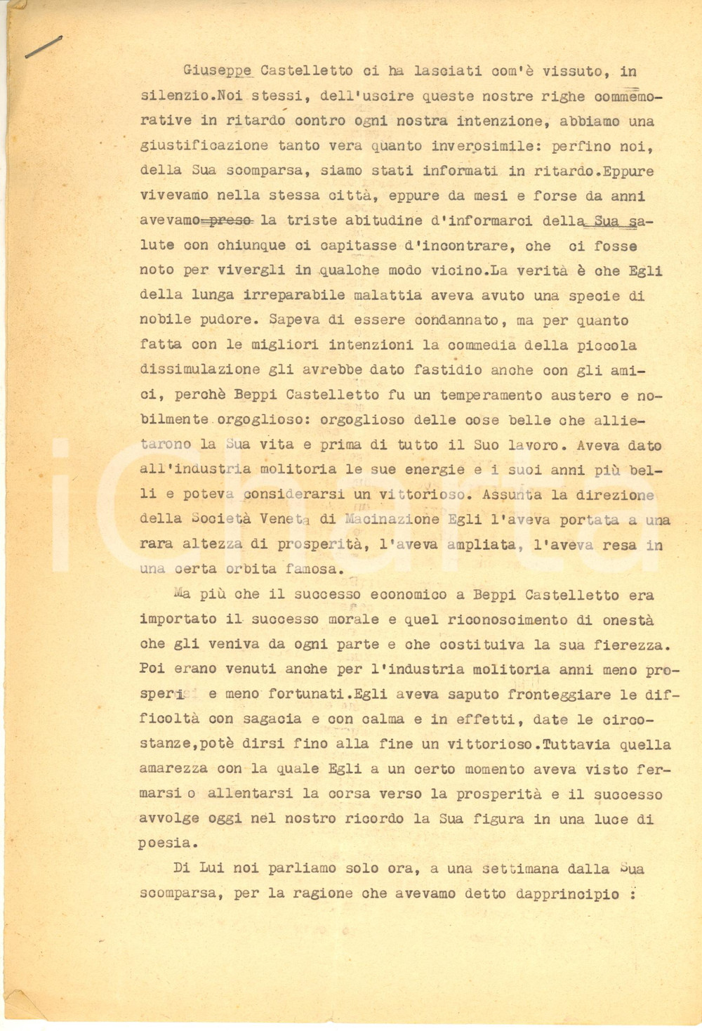 Documento originale, autentico 1965 ca Commemorazione Giuseppe CASTELLETTO  SocietÃ  Veneta di Macinazione 1