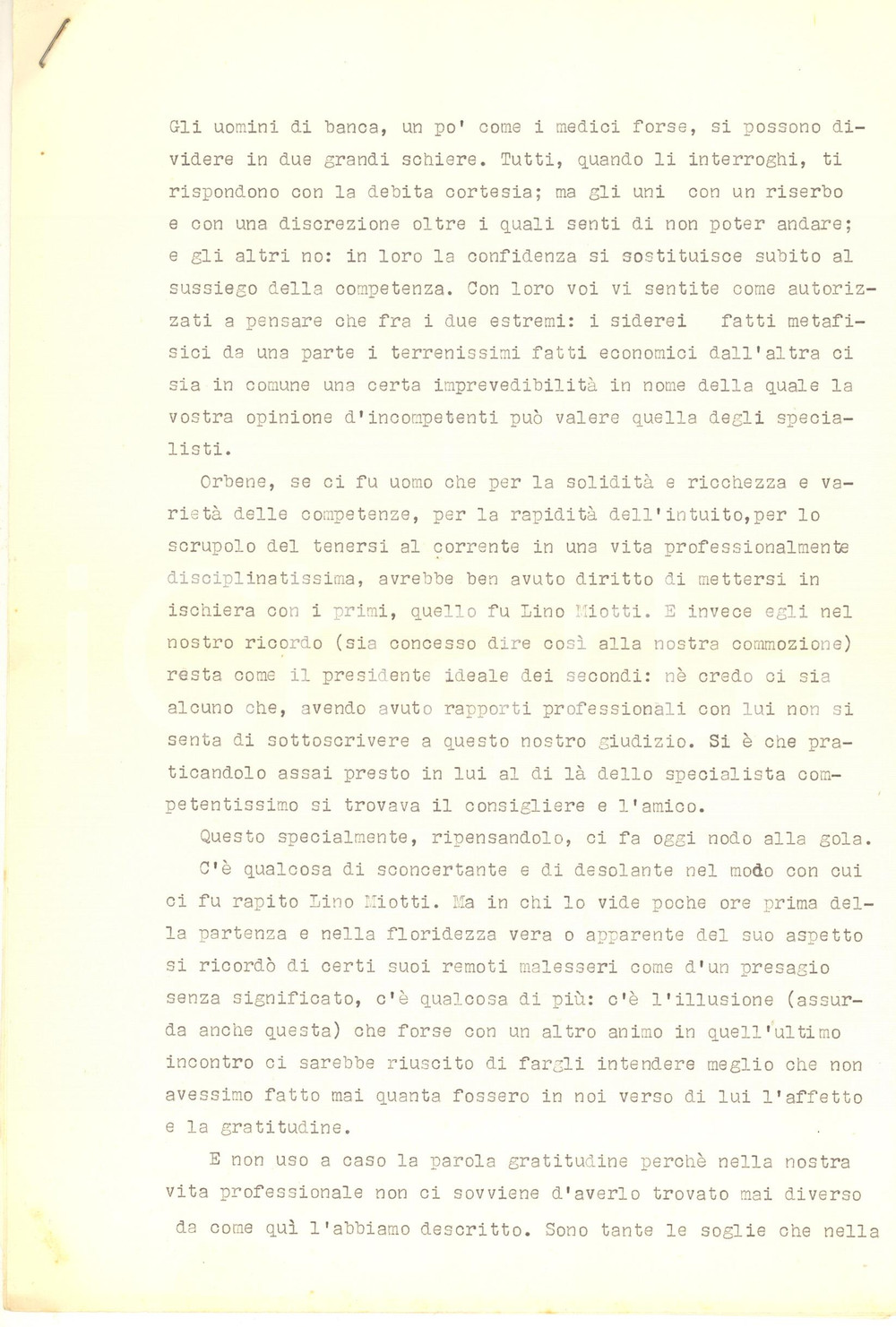 Documento originale, autentico 1965 ca PADOVA Commemorazione Lino MIOTTI  Banca Popolare di Padova 3 pp. 1