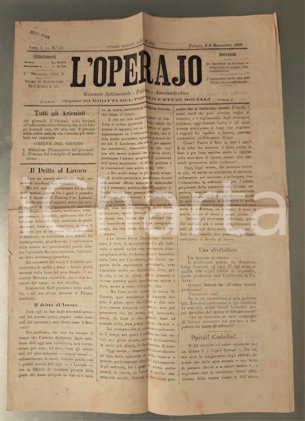 Giornale, rivista storica 1890 PADOVA  L OPERAJO  Diritto al lavoro  Giornale settimanale Anno I n° 53 1