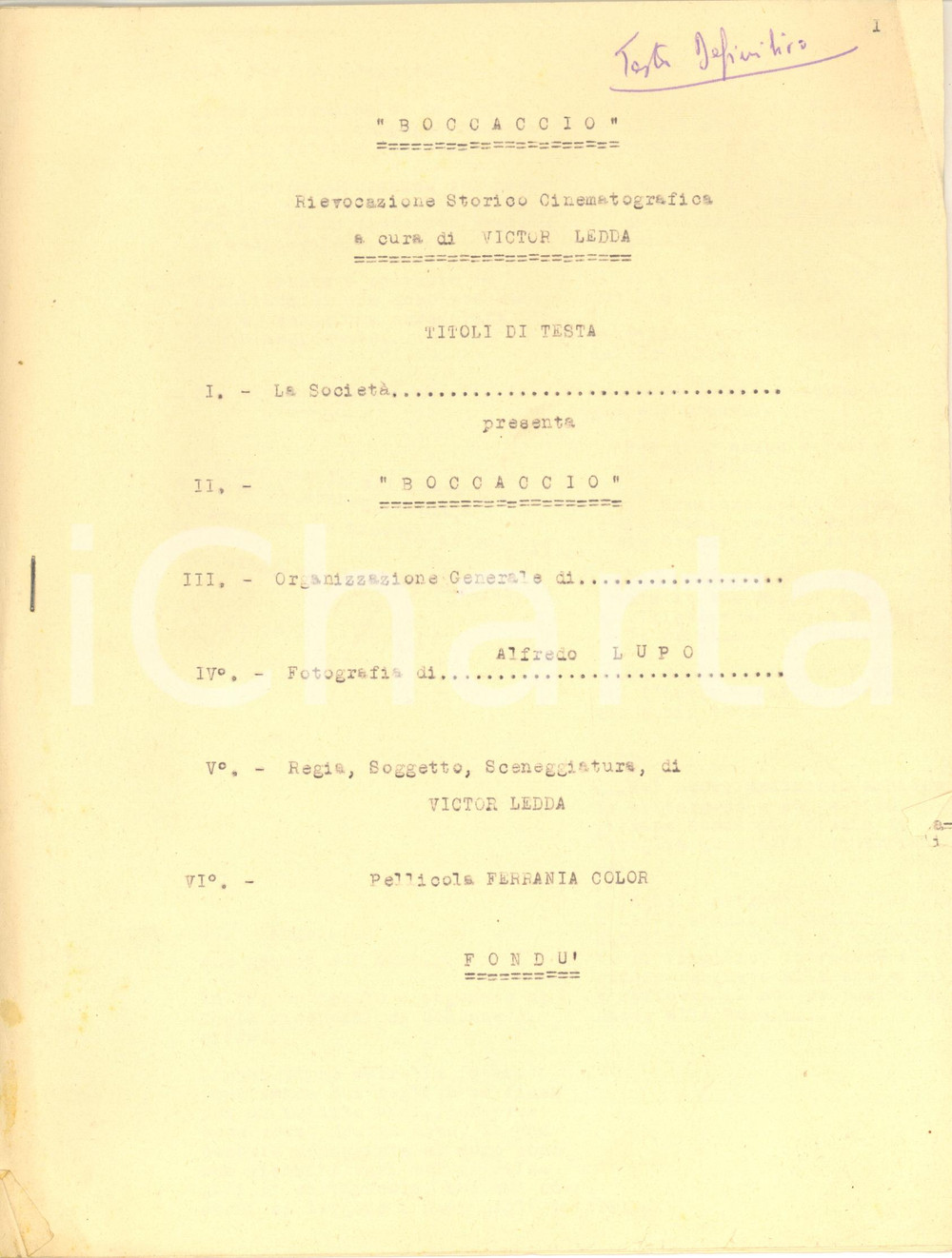 Manoscritto, lettera originale 1954 CINEMA Victor LEDDA Boccaccio  Soggetto storico INEDITO 8 pp. 1