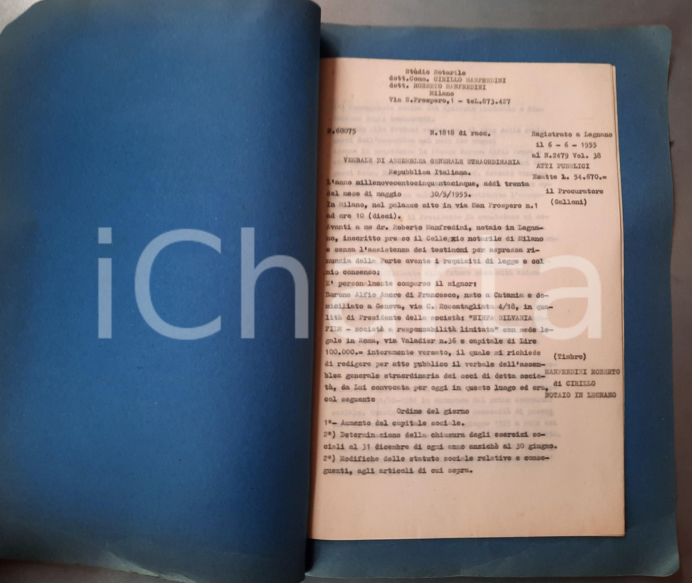 Documento originale, autentico 1955 MILANO  NINFA SILVANIA FILM  Assemblea Generale Straordinaria 19 pp. 1
