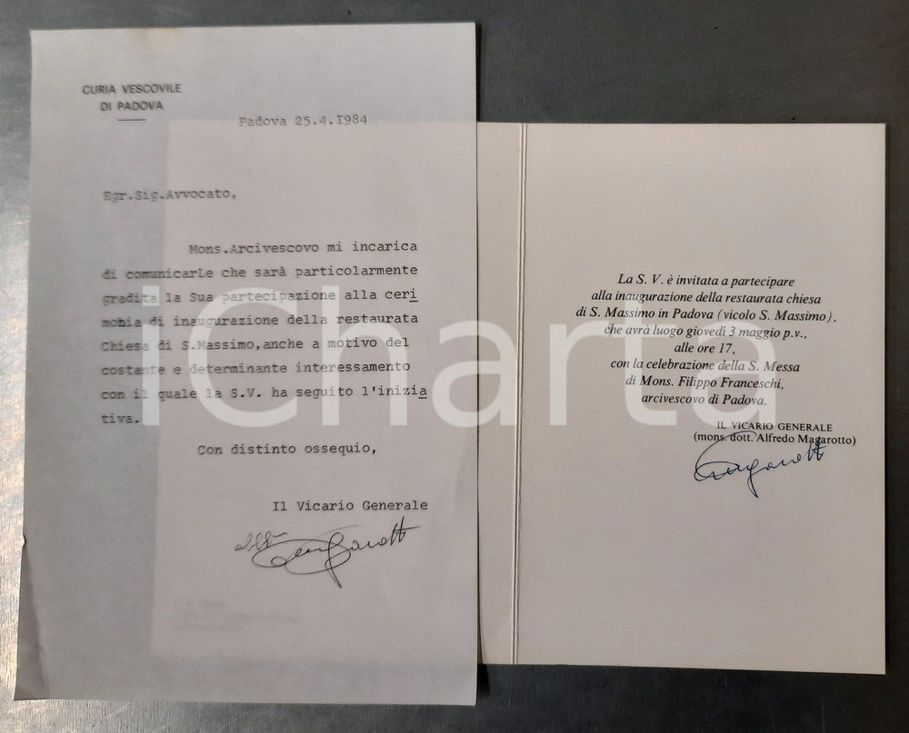 Autografo originale 1984 PADOVA S. Massimo  Biglietto e lettera mons. Alfredo MAGAROTTO  AUTOGRAFO 1