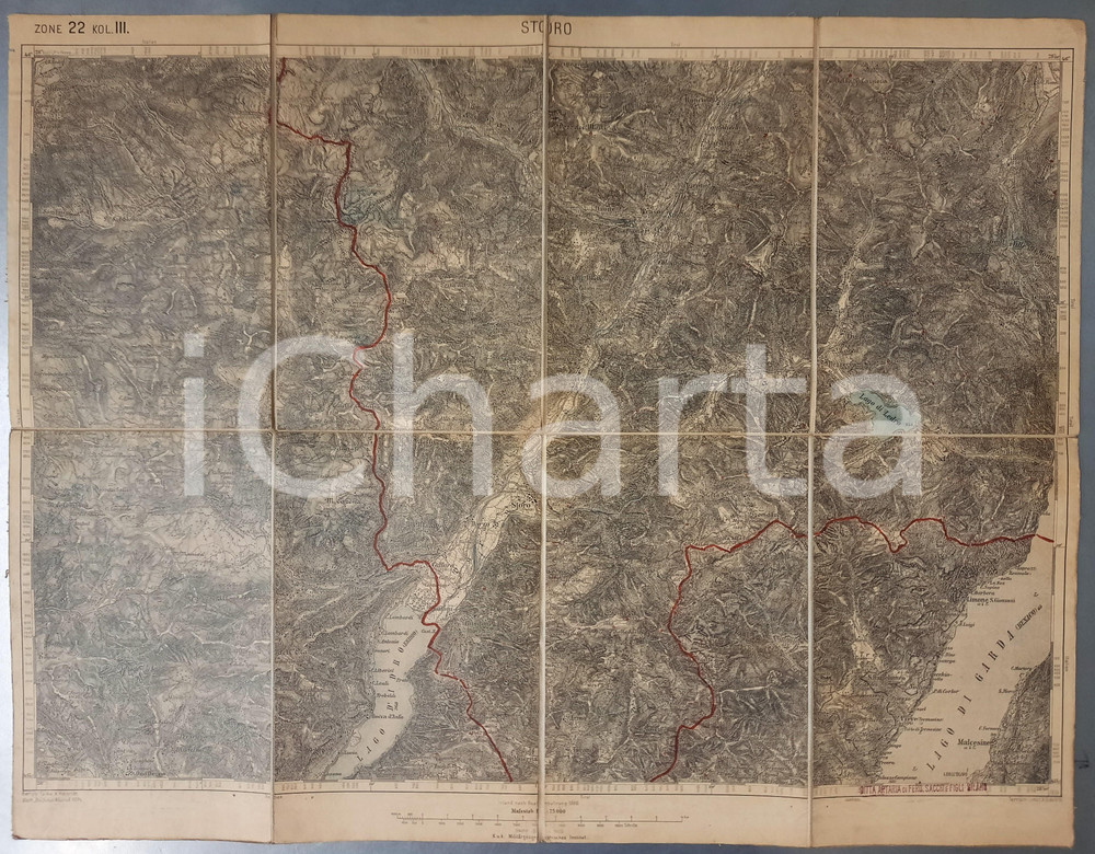 Mappa, planimetria storica 1909 TRENTINO  STORO  Mappa su tela 54x43 cm ed. ARTARIA 1