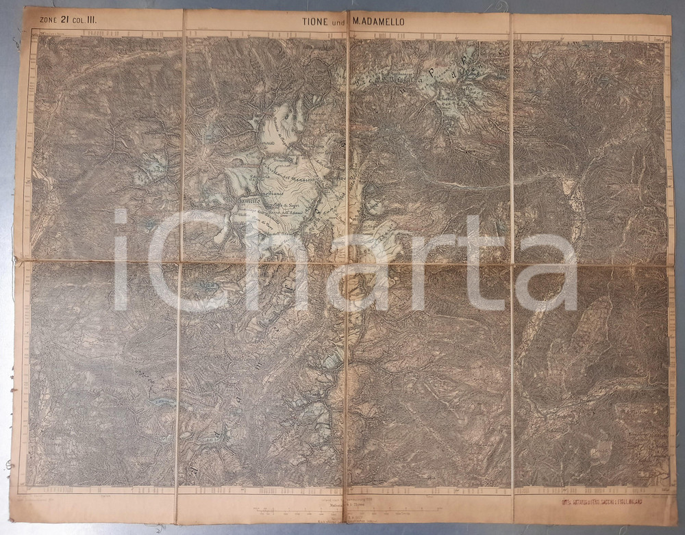 Mappa, planimetria storica 1900 ca ALPI  TIONE e il MONTE ADAMELLO  Mappa su tela 54x43 cm 1