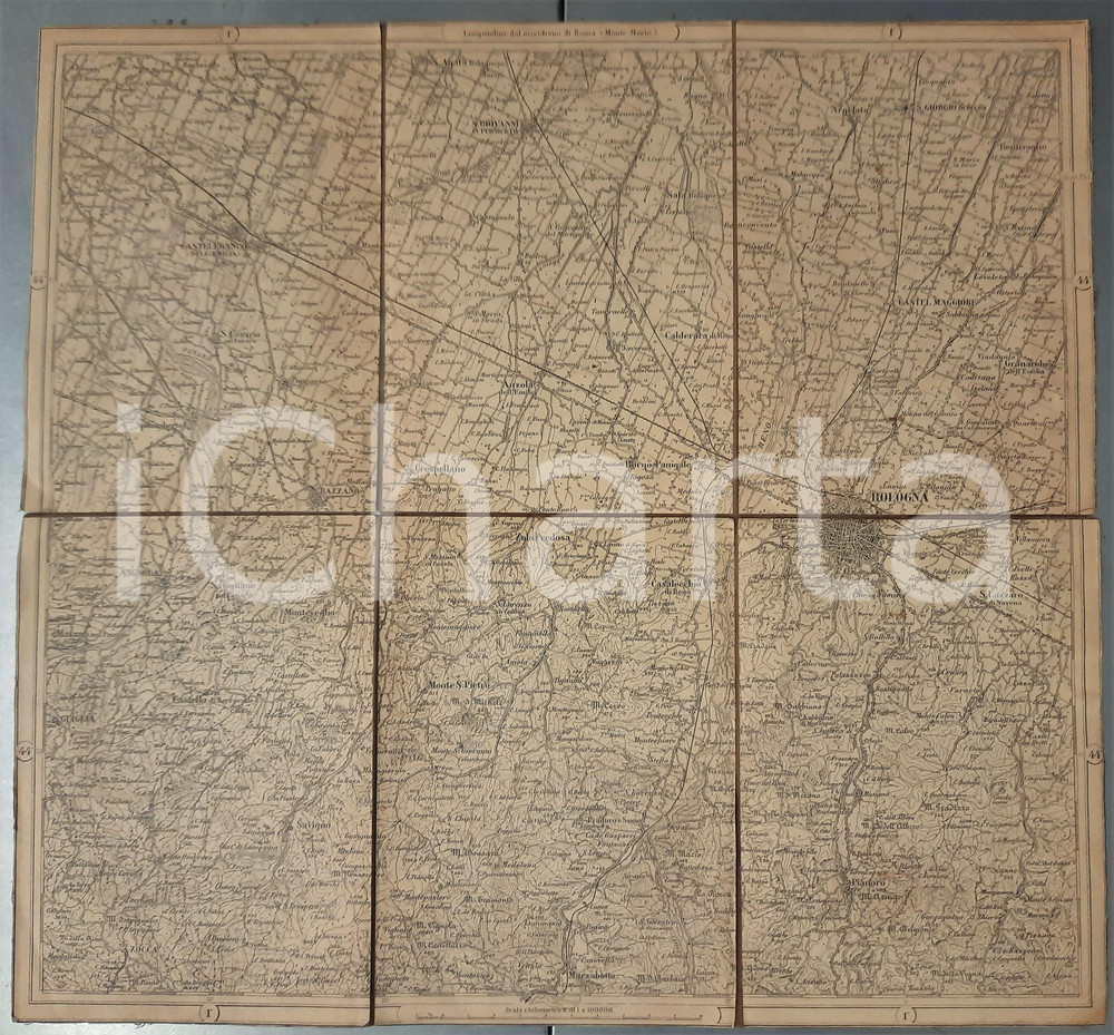 Mappa, planimetria storica 1900 ca ITALIA  BOLOGNA e dintorni  Mappa su tela 42x39 cm 1