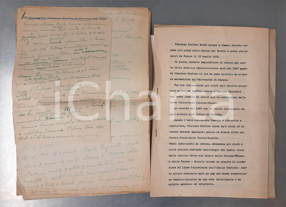Manoscritto, lettera originale 1950 ca INEDITO Appunti per una biografia di Vincenzo Stefano BREDA 1