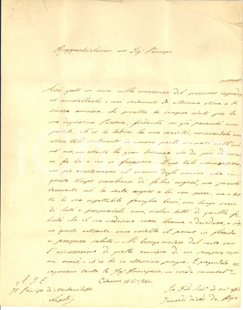Manoscritto, lettera originale 1844 CATANZARO Lettera Marchese Tancredi DE RISO per auguri  AUTOGRAFO 1