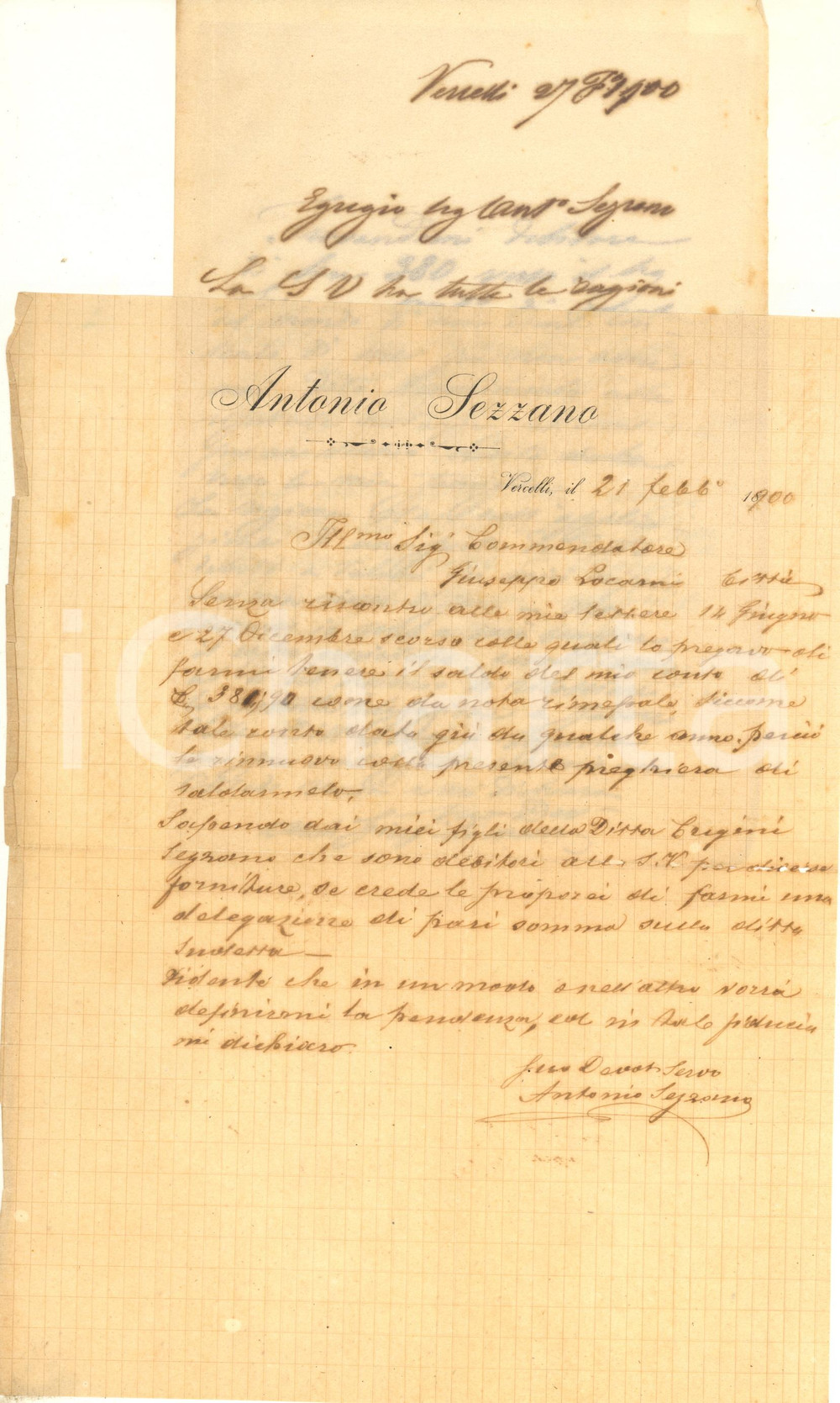 Manoscritto, lettera originale 1900 VERCELLI Lettera Antonio SEZZANO per indennizzo Giuseppe LOCARNI 1