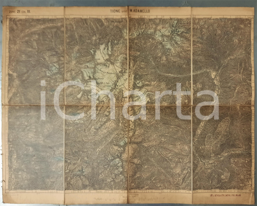 Mappa, planimetria storica 1892 ITALIA  TIONE E MONTE ADAMELLO  Mappa austriaca su tela 53x41 cm 1