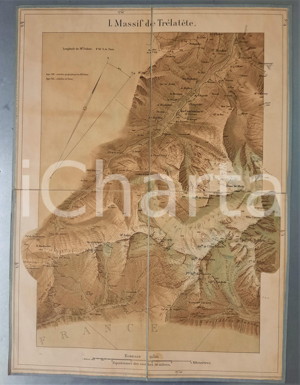 Mappa, planimetria storica 1900 ca ALPI DEL MONTE BIANCO  Massif de TrÃ©latÃªte    Mappa su tela 29x39 cm 1