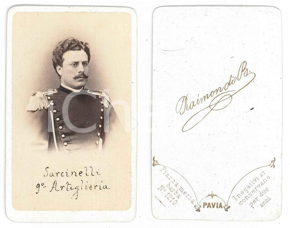 Fotografia d epoca originale 1865 ca PAVIA Ufficiale SARCINELLI  9° Regg. Artiglieria Foto RAIMONDI CDV 1