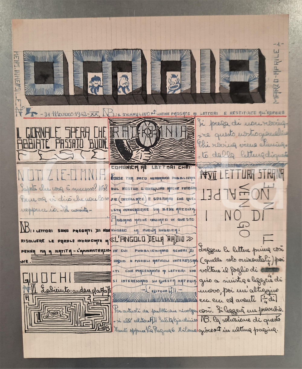 Giornale, rivista storica 1942 Andrea DISERTORI  Giornalino OMNIA  Radio  ILLUSTRATO A MANO 1