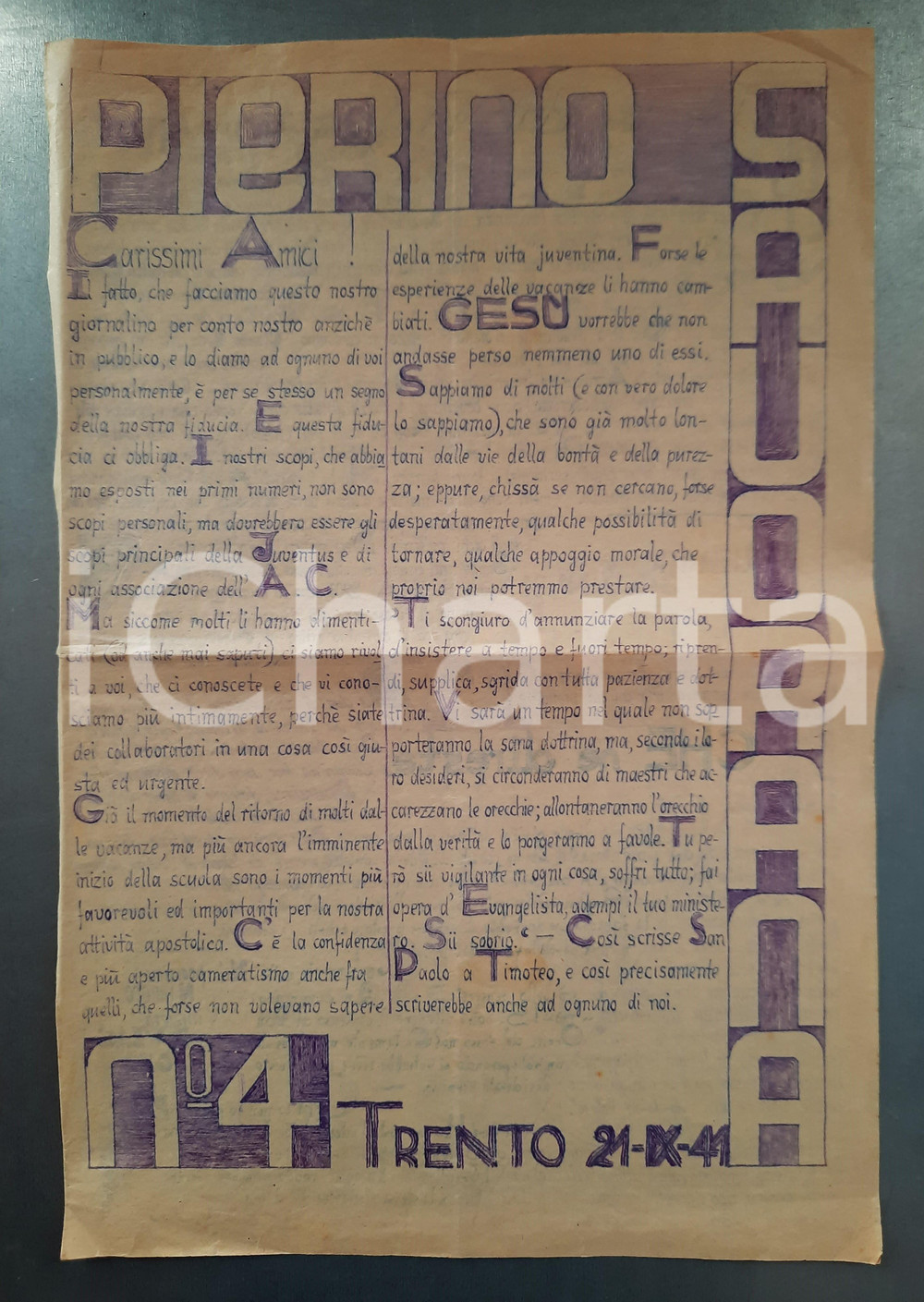 Giornale, rivista storica 1941 TRENTO Pierino Savorana  Giornalino gruppo Juventus  Anno 1 n° 4 1
