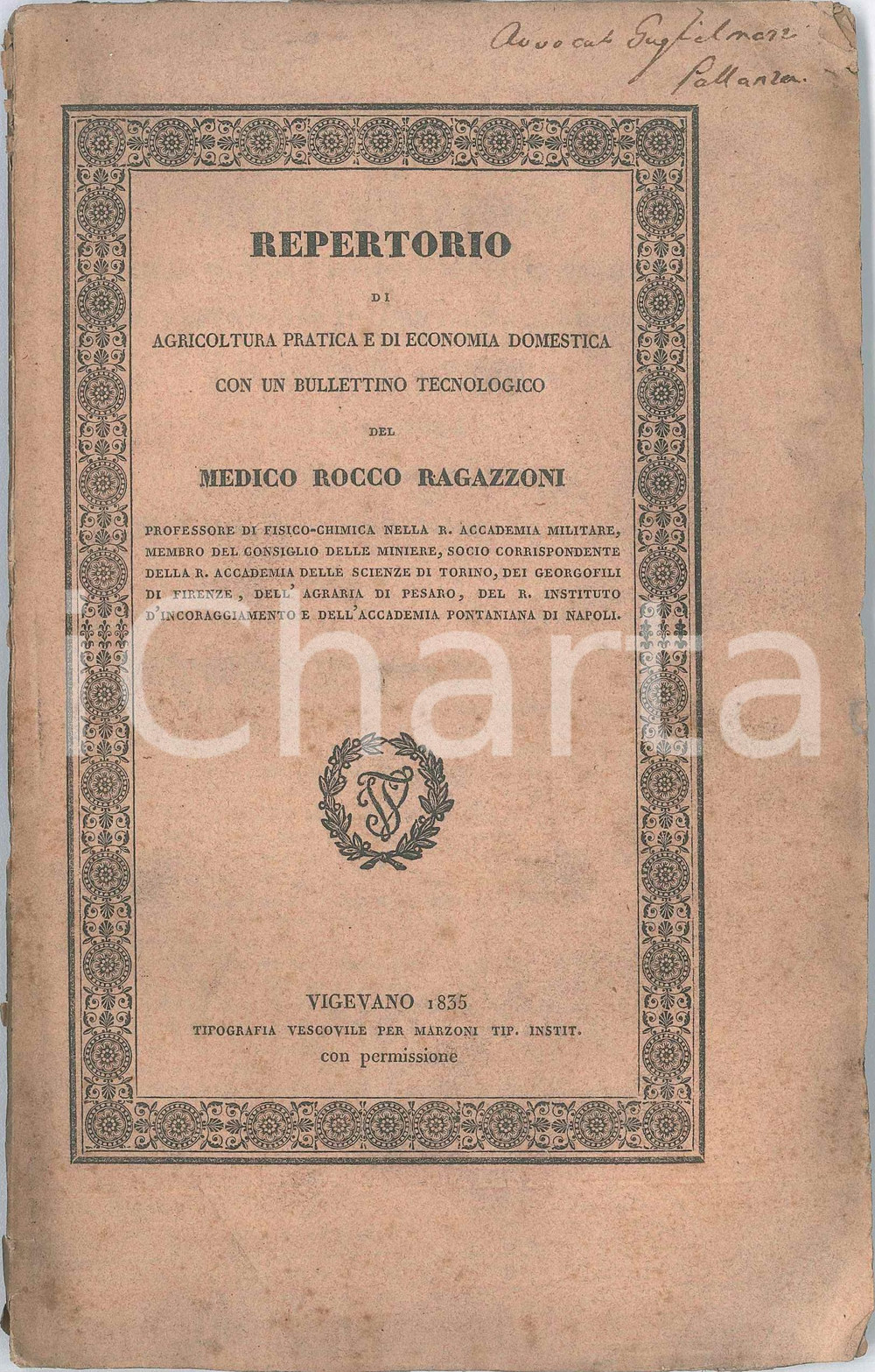Libro, pubblicazione d epoca 1835 Rocco RAGAZZONI Repertorio di agricoltura pratica ed economia domestica 1