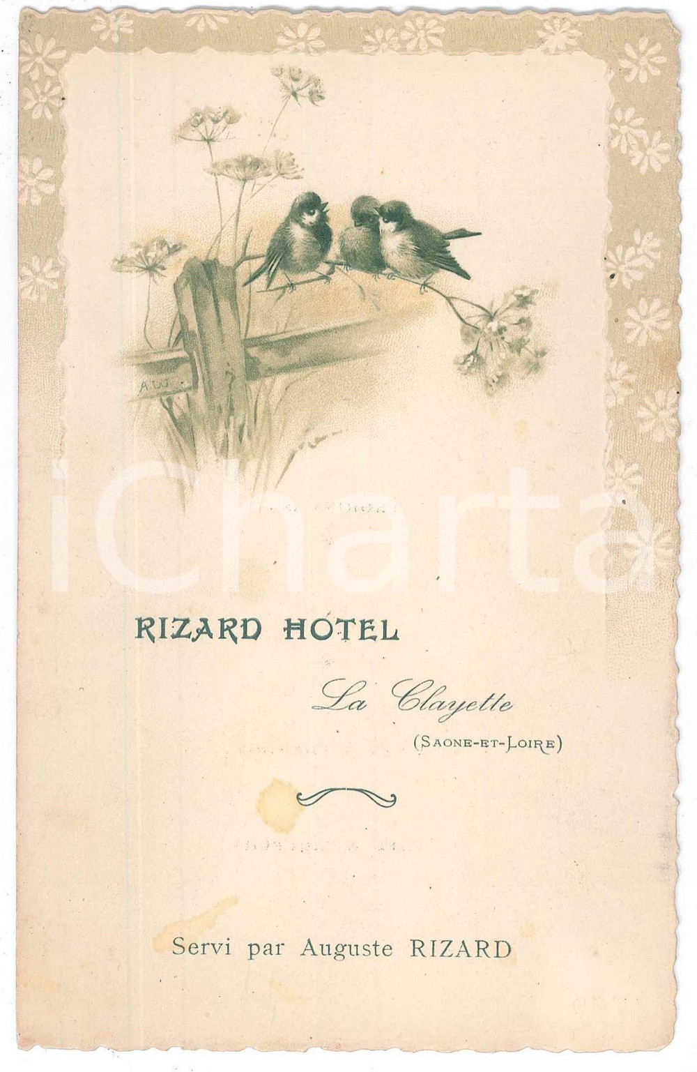 Oggetto da collezione cartaceo 1920 ca LA CLAYETTE SaÃ´neetLoire, FRANCE RIZARD HOTEL  Vintage menu 1