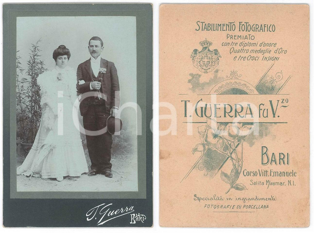 Fotografia d epoca originale 1900 ca BARI Coppia di sposi nel giorno delle nozze Foto Tommaso GUERRA 11x16 1