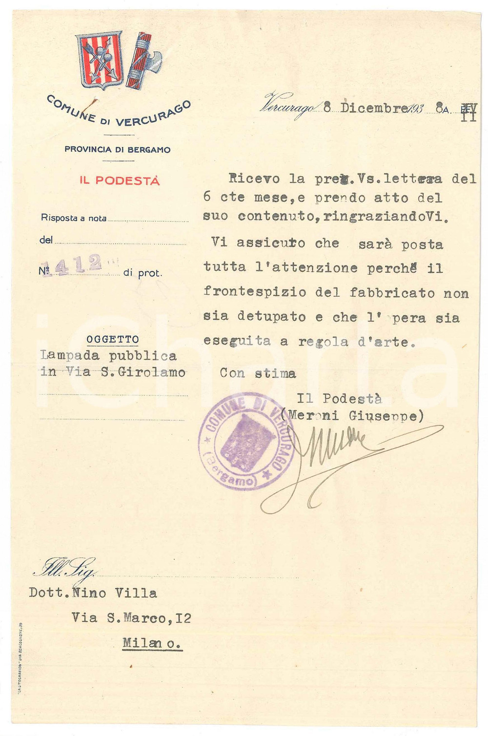 Autografo originale 1938 VERCURAGO LC Lettera Giuseppe MERONI podestÃ  per lavori Autografo 1