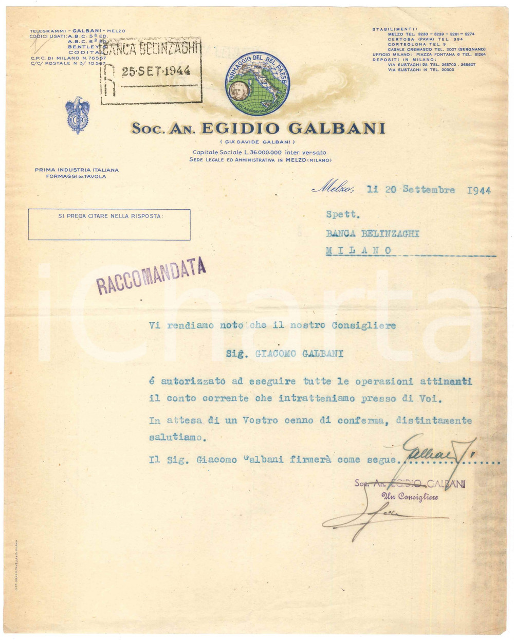 Documento originale, autentico 1944 MELZO MI SocietÃ  Anonima Egidio GALBANI  Lettera pro Giacomo GALBANI 1