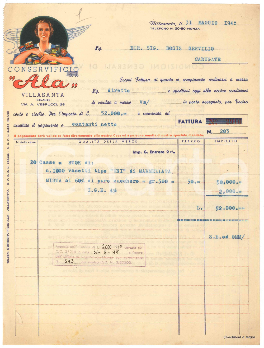 Documento originale, autentico 1948 VILLASANTA MB Conservificio ALA  Fattura vasetti UNI marmellata 1