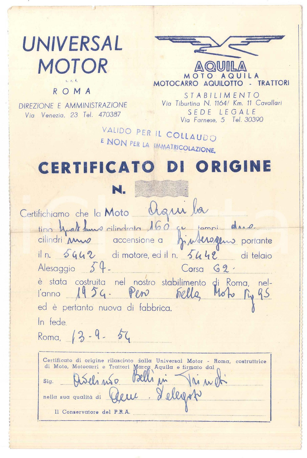 Documento originale, autentico 1954 ROMA  UNIVERSAL MOTOR  Certificato origine moto AQUILA per collaudo 1