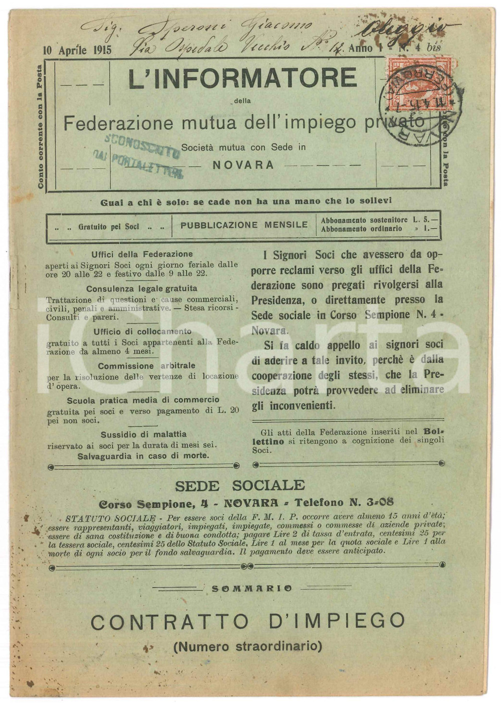 Giornale, rivista storica 1915 NOVARA  L INFORMATORE Contratto d impiego Rivista SocietÃ  Mutua 1
