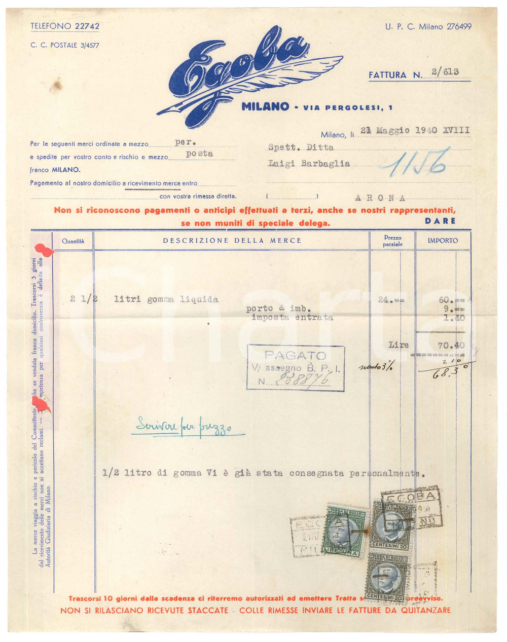 Documento originale, autentico 1940 MILANO via Pergolesi 1  Ditta EGOBA Fattura gomma liquida 1