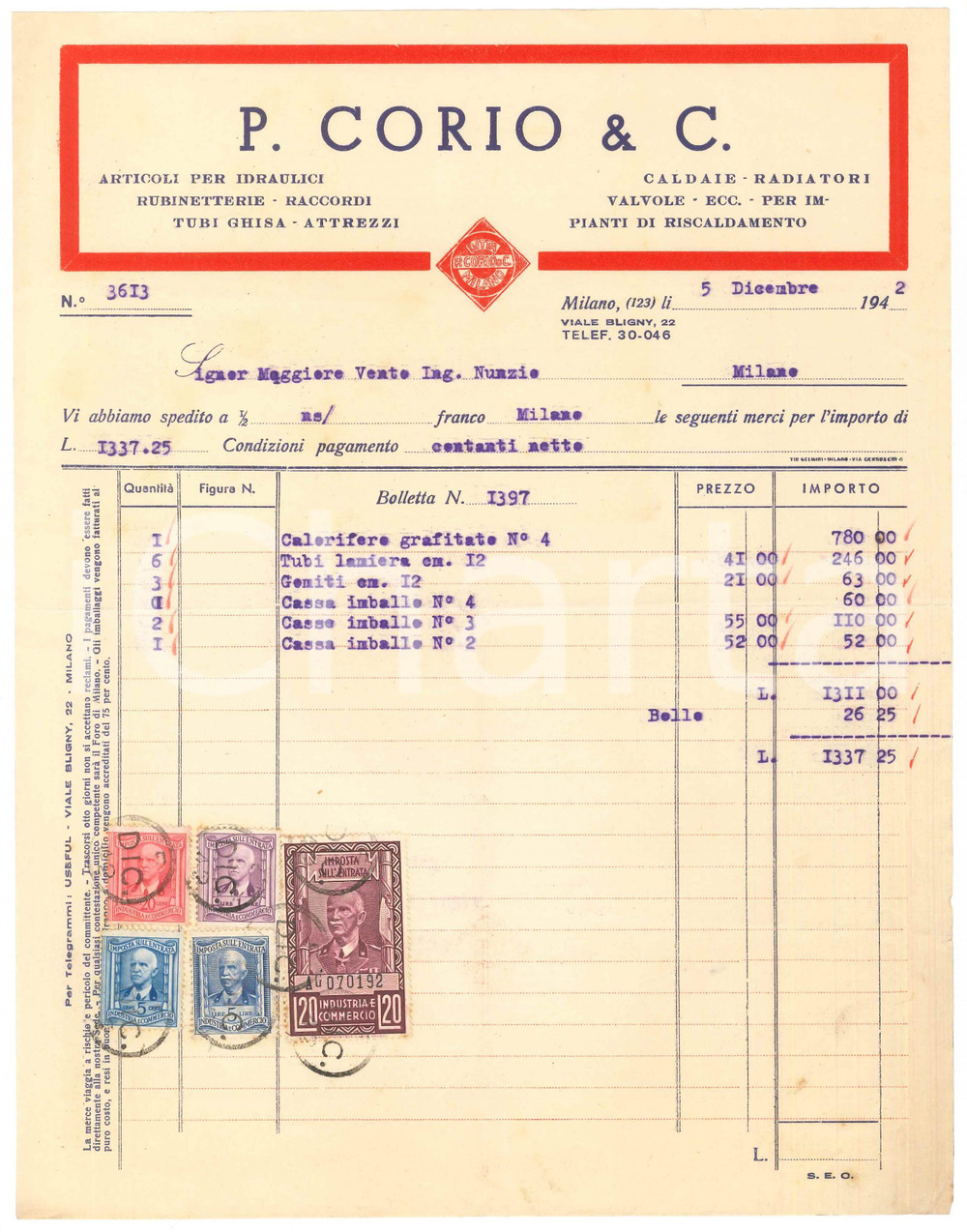 Documento originale, autentico 1942 MILANO viale Bligny 22   P. CORIO & C. Articoli per idraulici Fattura 1