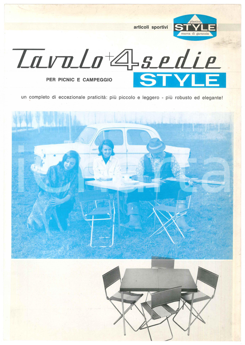 Materiale pubblicitario d’epoca 1970 ca MILANO Plastica STYLE   Tavolo + 4 sedie picnic e campeggio Volantino 1
