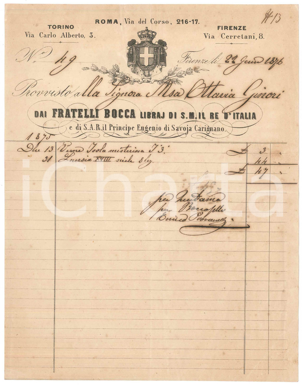 Documento originale, autentico 1876 FIRENZE via Cerretani 8  Fratelli BOCCA librai Fattura intestata 1