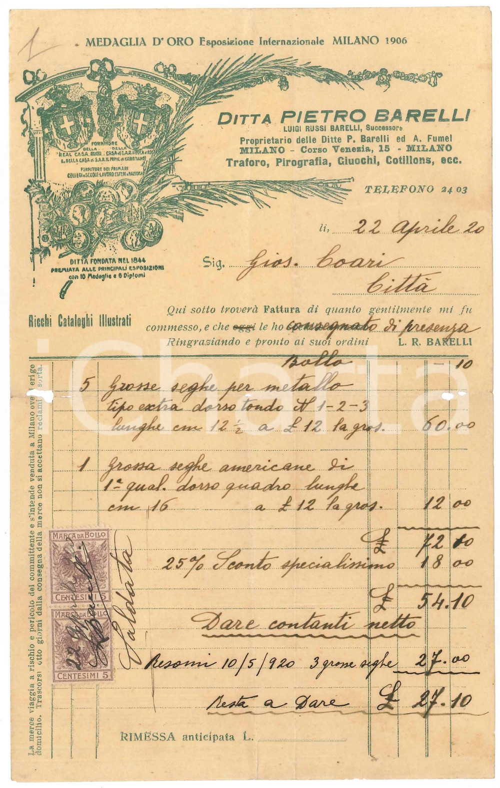 Documento originale, autentico 1920 MILANO corso Venezia 15  Ditta Pietro BARELLI  Fattura intestata seghe 1