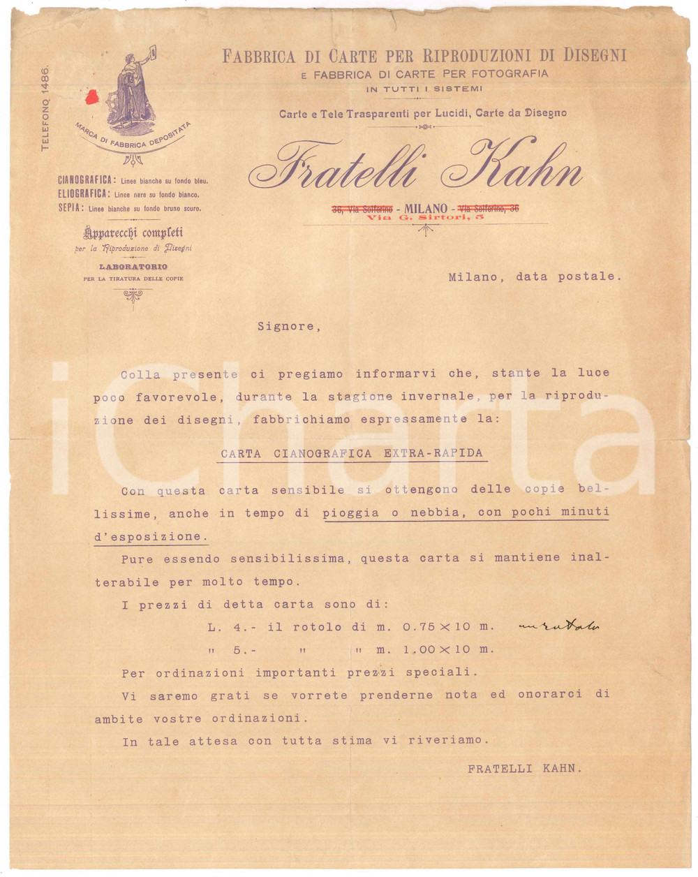 Documento originale, autentico 1910 ca MILANO via Sirtori  FRATELLI KAHN Fabbrica carte Lettera commerciale 1