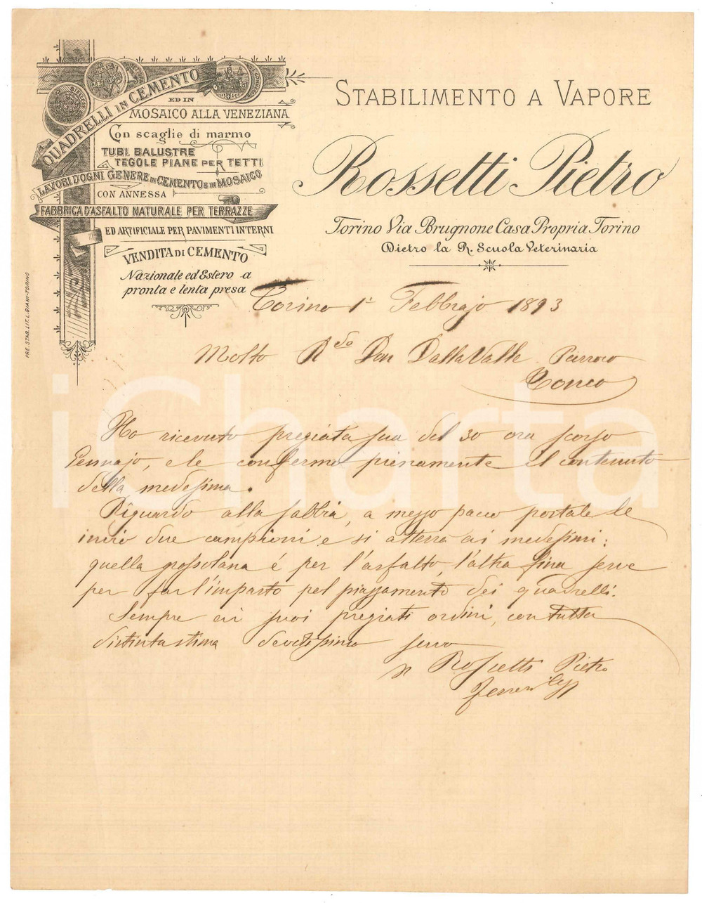 Documento originale, autentico 1893 TORINO via Brugnone  Pietro ROSSETTI  Lettera commerciale per sabbia 1