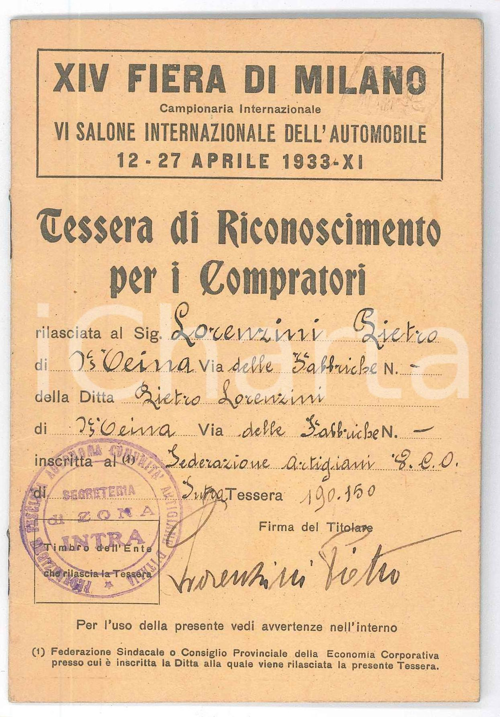 Documento originale, autentico 1933 FIERA DI MILANO  Salone dell Automobile  Tessera compratori LORENZINI 1