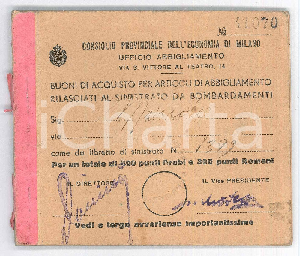 Documento originale, autentico 1945 ca MILANO Buoni acquisto abbigliamento ai sinistrati da bombardamenti 1