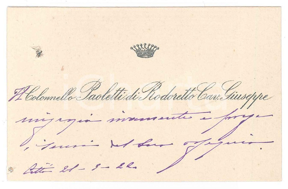Oggetto da collezione cartaceo 1922 TORINO ? Giuseppe PAOLETTI DI RODORETTO  Biglietto da visita AUTOGRAFO 1