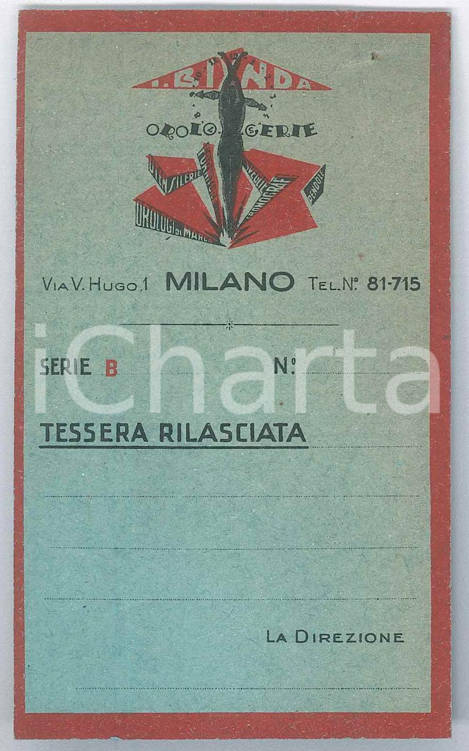 Oggetto da collezione cartaceo 1935 ca MILANO Binda orologerie  Tessera per orologiai e orefici 7x12 cm 1