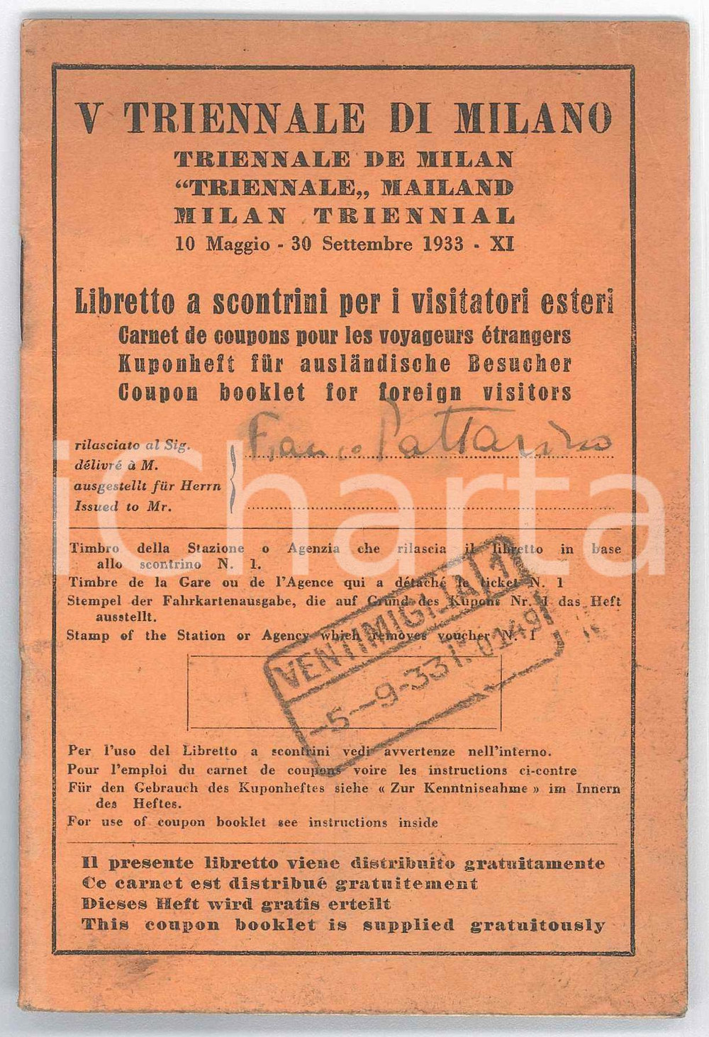 Oggetto da collezione cartaceo 1933 V TRIENNALE DI MILANO Libretto a scontrini per visitatori esteri 1