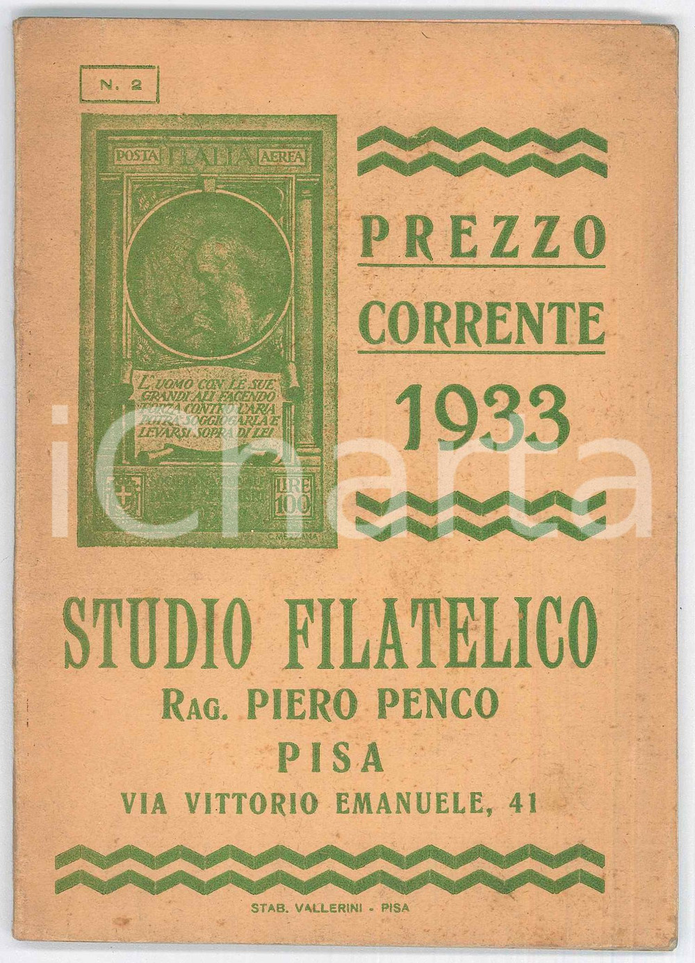 Libro, pubblicazione d epoca 1933 PISA Studio filatelico rag, Piero PENCO Listino prezzo corrente 1