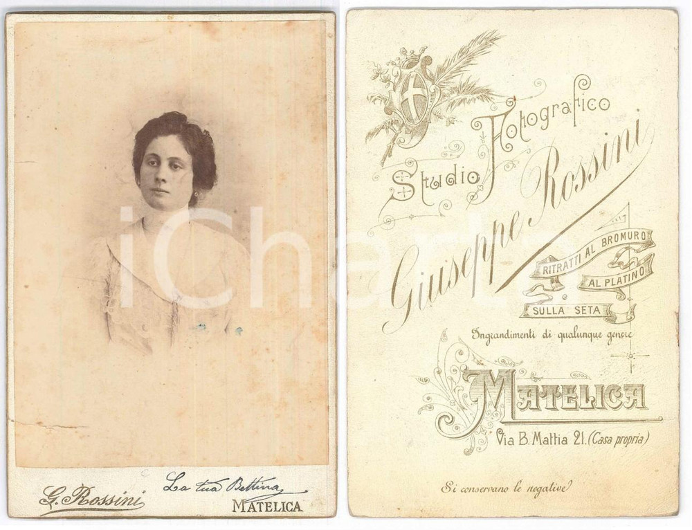 Fotografia d epoca originale 1900 ca MATELICA MC Ritratto di donna  Busto Foto Giuseppe ROSSINI 11x16 1