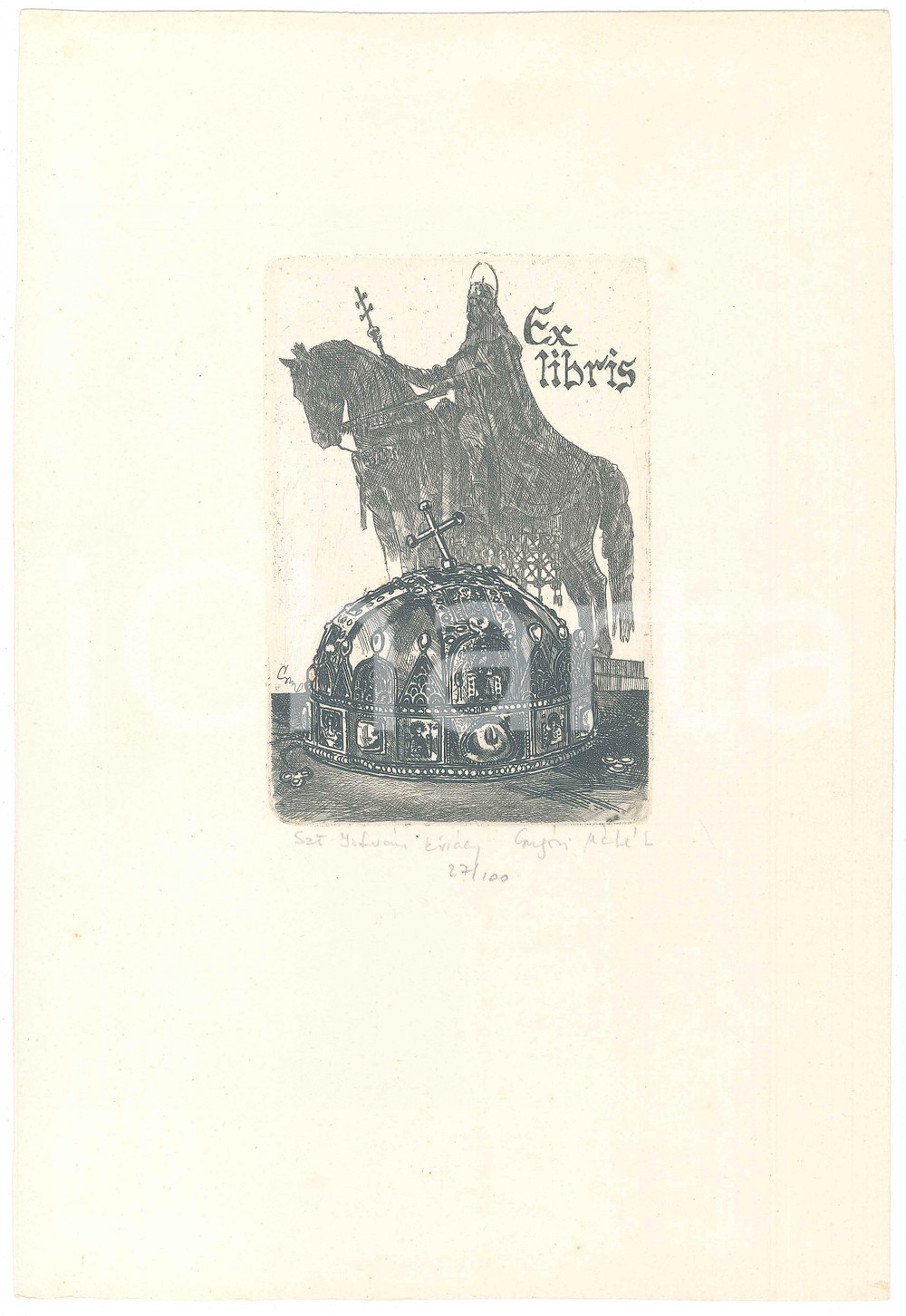 Opera d’arte autentica 1900 ca ART HUNGARY Szent IstvÃ¡n kirÃ¡ly  Ex libris  SIGNED Engraving 27/100 1